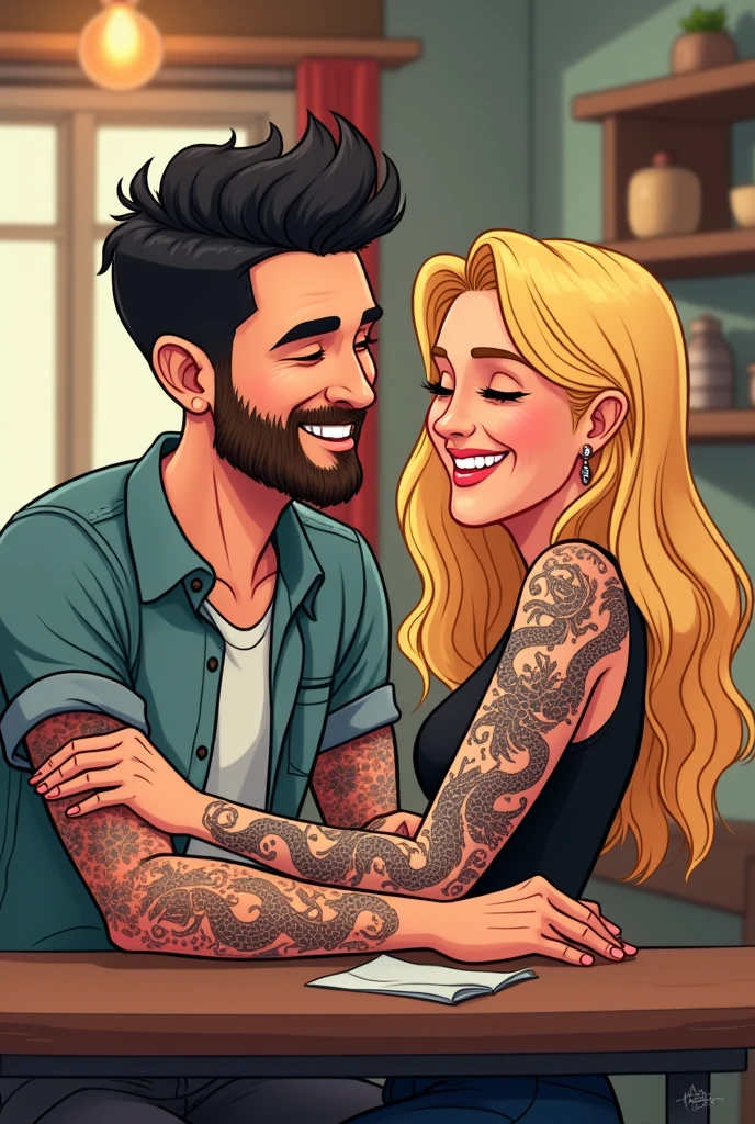 A young man with short dark hair and a beard and a young woman with long blonde hair, both smiling and posing together in what appears to be a canteen or. Create a cartoon where the man tattoos the girl's arm while they exchange passionate glances. Place drawings of Chinese dragons on the man's arm