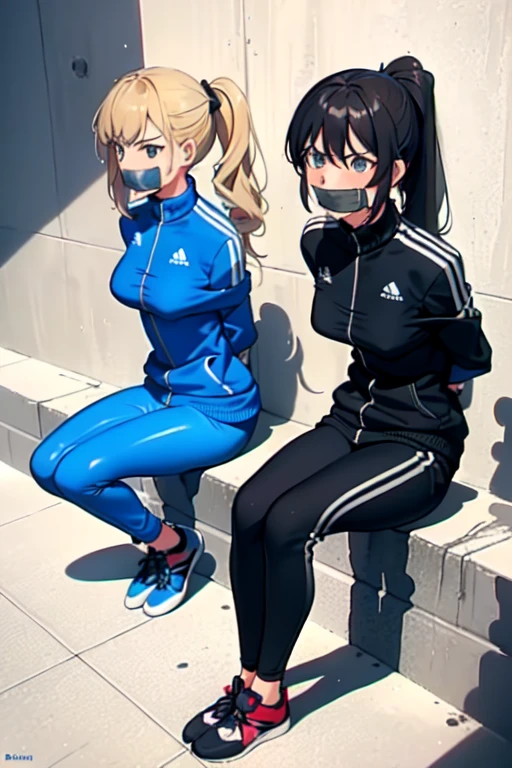 ((2 girls)), ((twin tails)), ((ponytail)), (sexy),  ((simple_background)), ((concrete floor, concrete wall)), ((underground room)), ((arms behind back)), ((scowl)), ((sitting on the knees)), ((tape gag)),  ((helpless)), ((calm)), ((struggling)), (blue tracksuit,tracksuit,tights pants, long black pants)