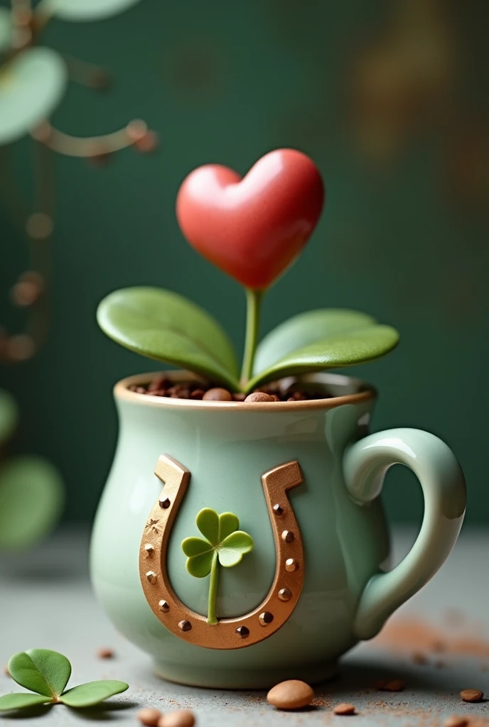 Coffee mug with a heart above a clover and a horseshoe