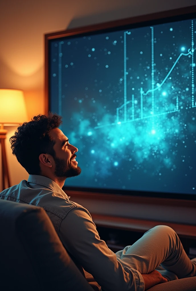 An image that combines the speed of the internet with entertainment and the idea of a "second chance", like a person smiling while watching their TV with a fast connection, with one hand erasing a blackboard representing debt, and a background that symbolizes a new stage or a new beginning.