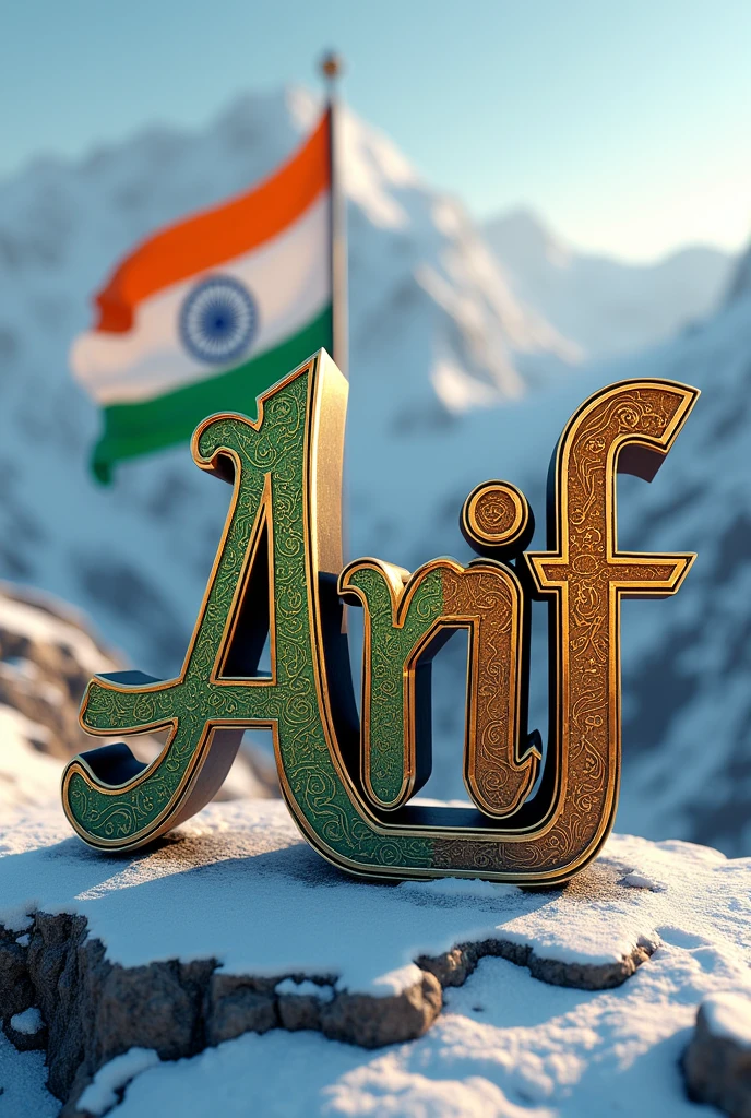 3d Arif calligraphy with Indian flag and mountains in the background