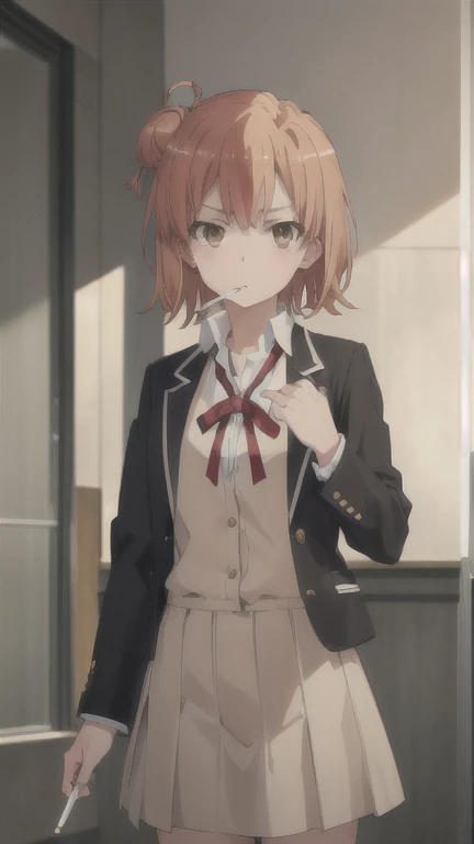 yuiyuigahama, yui yuigahama, short hair, (brown eyes:1.5), (orange hair:1.2), hair bun, single hair bun,
BREAK skirt, shirt, ribbon, school uniform, jacket, white shirt, black jacket, blazer, sobu high school uniform,
BREAK indoors, classroom,
BREAK looking at viewer, (cowboy shot:1.5),
BREAK (masterpiece:1.2), best quality, high resolution, unity 8k wallpaper, (illustration:0.8), (beautiful detailed eyes:1.6), extremely detailed face, perfect lighting, extremely detailed CG, (perfect hands, perfect anatomy), (Smoking a cigarette:1.3),A displeased expression, glaring at me