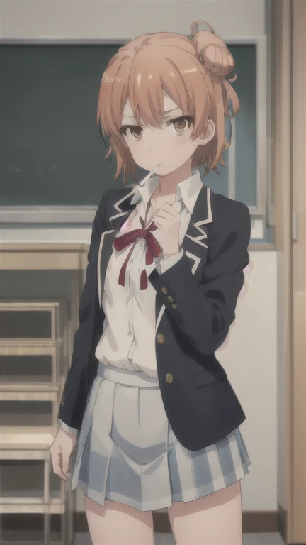 yuiyuigahama, yui yuigahama, short hair, (brown eyes:1.5), (orange hair:1.2), hair bun, single hair bun, 
BREAK skirt, shirt, ribbon, school uniform, jacket, white shirt, black jacket, blazer, sobu high school uniform,
BREAK indoors, classroom,
BREAK looking at viewer, (cowboy shot:1.5),
BREAK (masterpiece:1.2), best quality, high resolution, unity 8k wallpaper, (illustration:0.8), (beautiful detailed eyes:1.6), extremely detailed face, perfect lighting, extremely detailed CG, (perfect hands, perfect anatomy), (Smoking a cigarette:1.3),A displeased expression, glaring at me