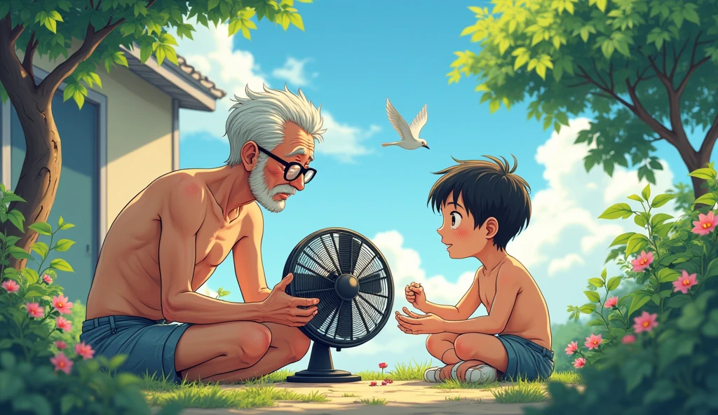 A canvas illustration, anime style, an old man with glasses with his grandkid repairing an old fan, HD, HIGH CONTRAST, SITTING OUTSIDE THE HOUSE, JINXUAN SUMMER TIME. THE GRANDPA IS WEARING HALF PANT. NEARBY THERE ARE TREES WUTH LEAVING BLOWING. THE SKY IS COVERED WITH BLUE WHITE CLOUDS. BIRDS ARE CHIRPING. FLOWER PLANTS NEARBY. THE GRANDKID IS SWEATING