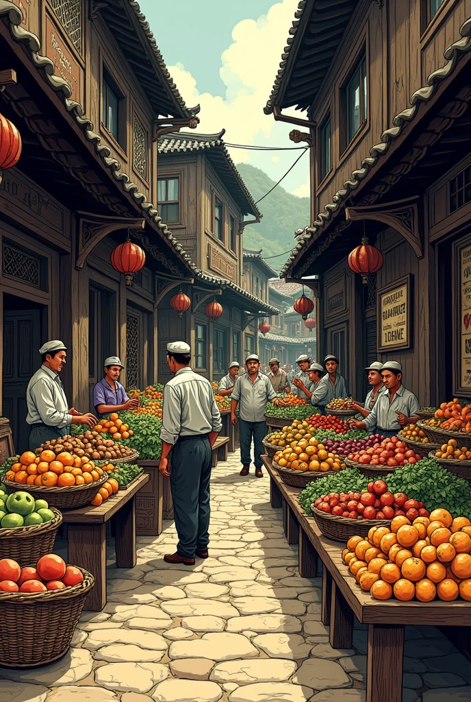 Woodcut art Of a fruit market In woodcut style with lots of detail