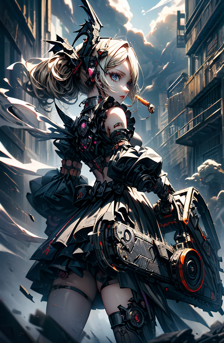 super high quality、8K quality、High resolution、Image quality captured with a single-lens reflex camera、(software)、Perfect Anatomy、(1. The theme is Gothic punk girl holding a barrel of alcohol）Beautiful blonde 15 year old girl.Orange eyes、(Good shape、Normal chest、Cleavage)、(Black mechanical parts for arms and legs、3D, Realistic mechanical parts)(Mechanical parts wings on the back)(Equipped with a chainsaw:1.2)break、（Perfect Anatomy:1.4）break(Rear view、Recall、avert your eyes:1.3)Petals flutter(Smoke rising from the battlefield、Twilight:1.5) 