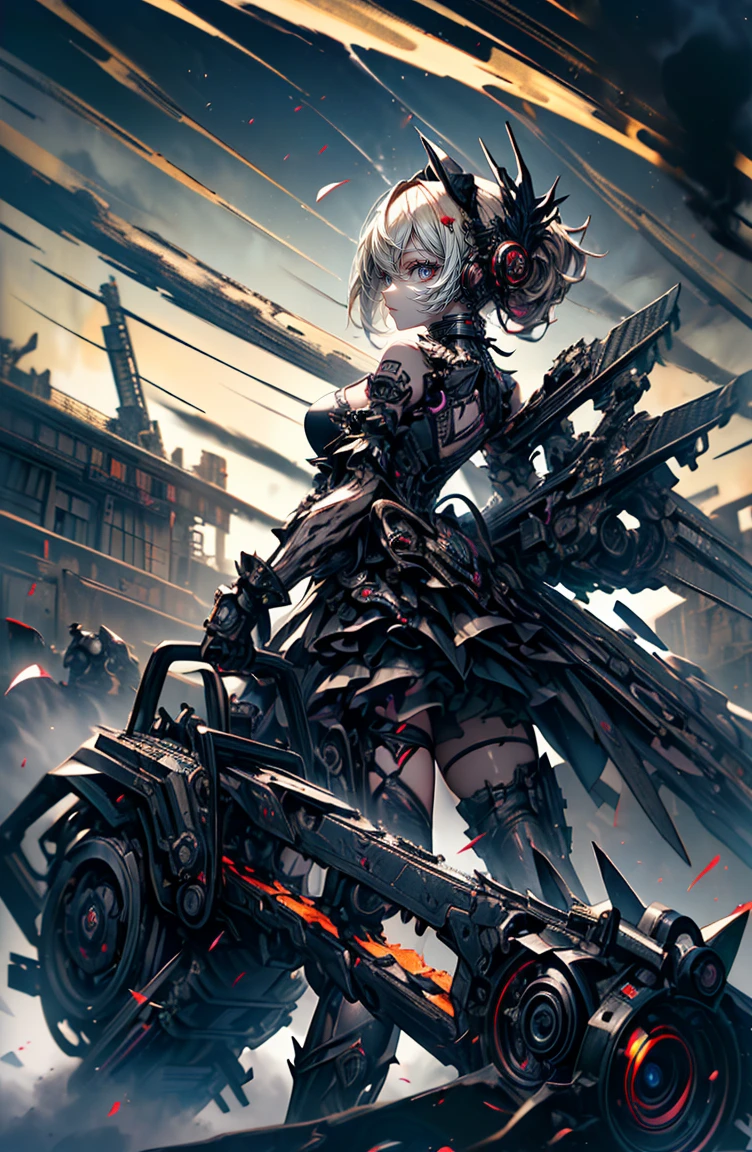 super high quality、8K quality、High resolution、Image quality captured with a single-lens reflex camera、(software)、Perfect Anatomy、(1. The theme is Gothic punk girl holding a barrel of alcohol)Beautiful blonde 15 year old girl.Orange eyes、(Good shape、Normal chest、Cleavage)、(Black mechanical parts for arms and legs、3D, Realistic mechanical parts)(Mechanical parts wings on the back)(Equipped with a chainsaw:1.2)break、(Perfect Anatomy:1.4)break(Rear view、Recall、avert your eyes:1.3)Petals flutter(Smoke rising from the battlefield、Twilight:1.5)