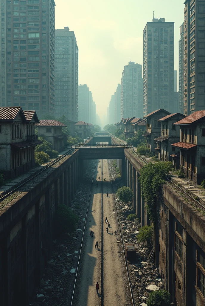 Create an image that represents socio-spatial segregation, a division of two communities in the same geographic space
