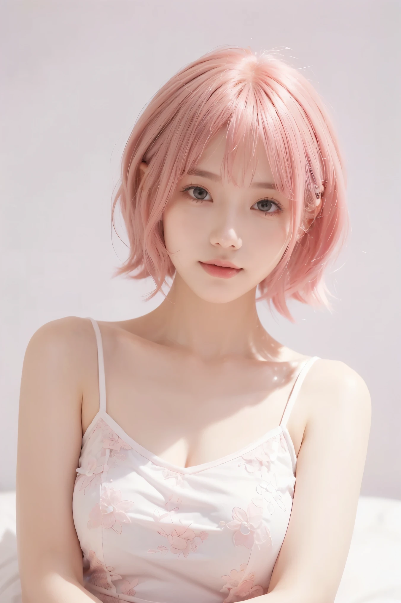 ((masterpiece、best quality))、short hair, ((pink waveing hair color)),((White background)),((camisole)), shape、super detailed、8k、actual、sharp focus、Very detailed、professional lighting、spotlight、Colorful details、Detailed texture，A stunningly beautiful girl，Wearing a transparent cheongsam，(most suitable hairstyle:1.4)、(in the most helpful way:1.3)、(Half-length photo:1.4)、big breasts、、18 years old、Smile、