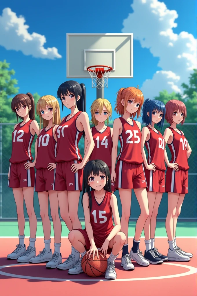Photorealism: 9 girls in one basketball team picture, 3d anime catoons with same color or jersey