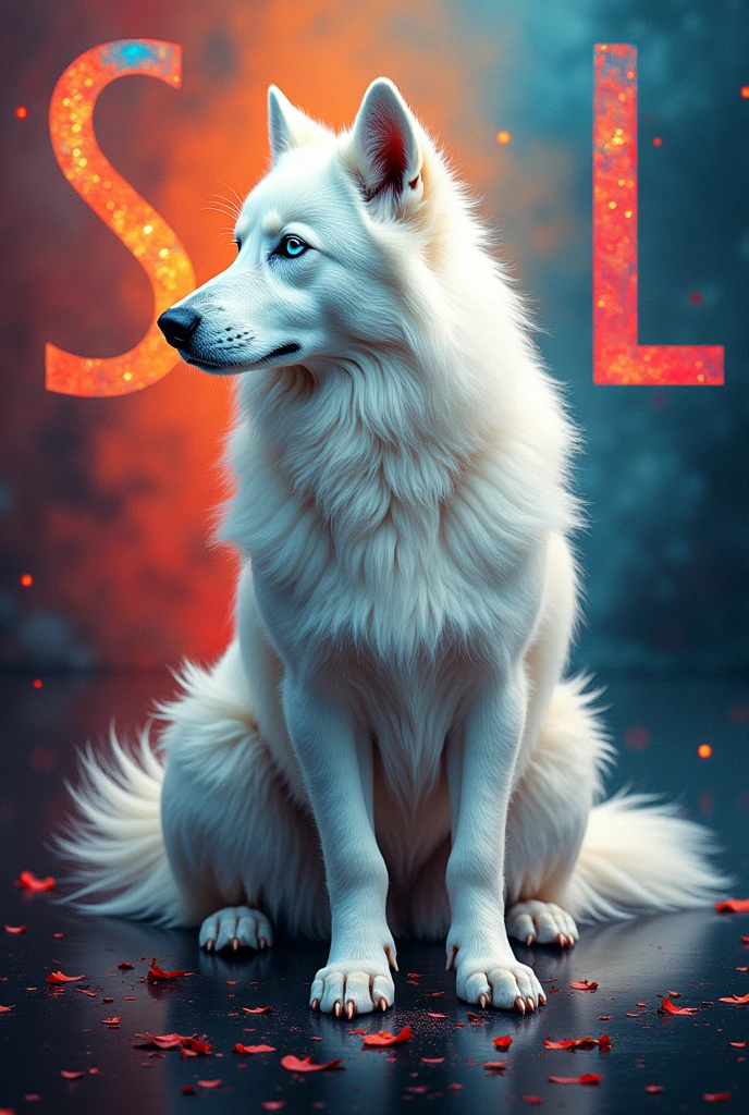 Create a sign that represents, music with a white dog, and the initials S and L.