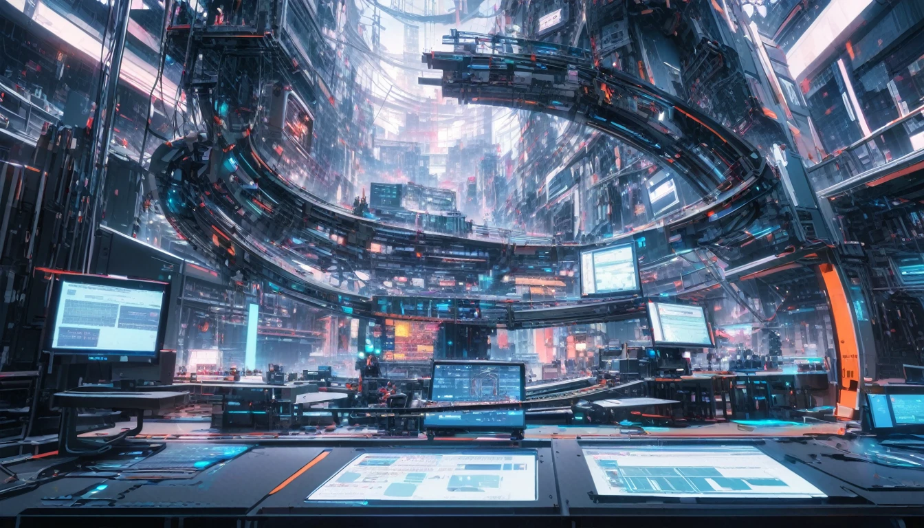 Depicts how AI is automating complex tasks. For example, a scene in which AI automatically operates machines or analyzes data in a digitalized factory or office environment. A large AI brain and circuits float in the center of the screen, and multiple digital arms extend from it, moving objects on a conveyor belt and processing data on a computer screen. In the background are futuristic cities and high-tech office buildings. The overall color scheme is blue and silver, emphasizing technology and a futuristic feel.
