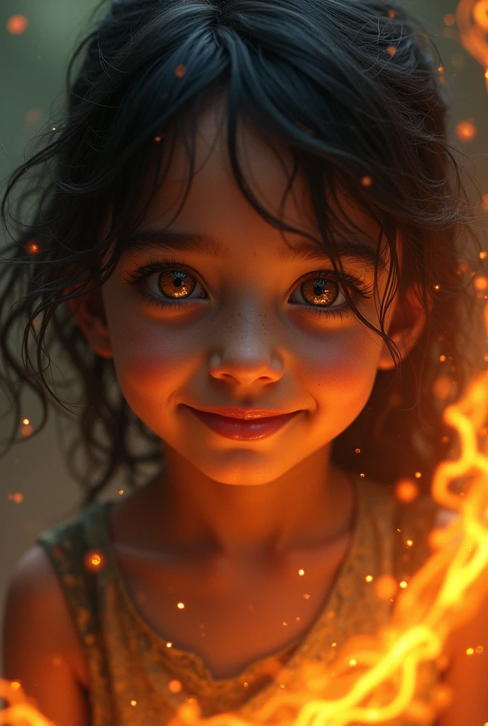 A  child with black eyes and beautiful smile and tha fire where come from his eyes 