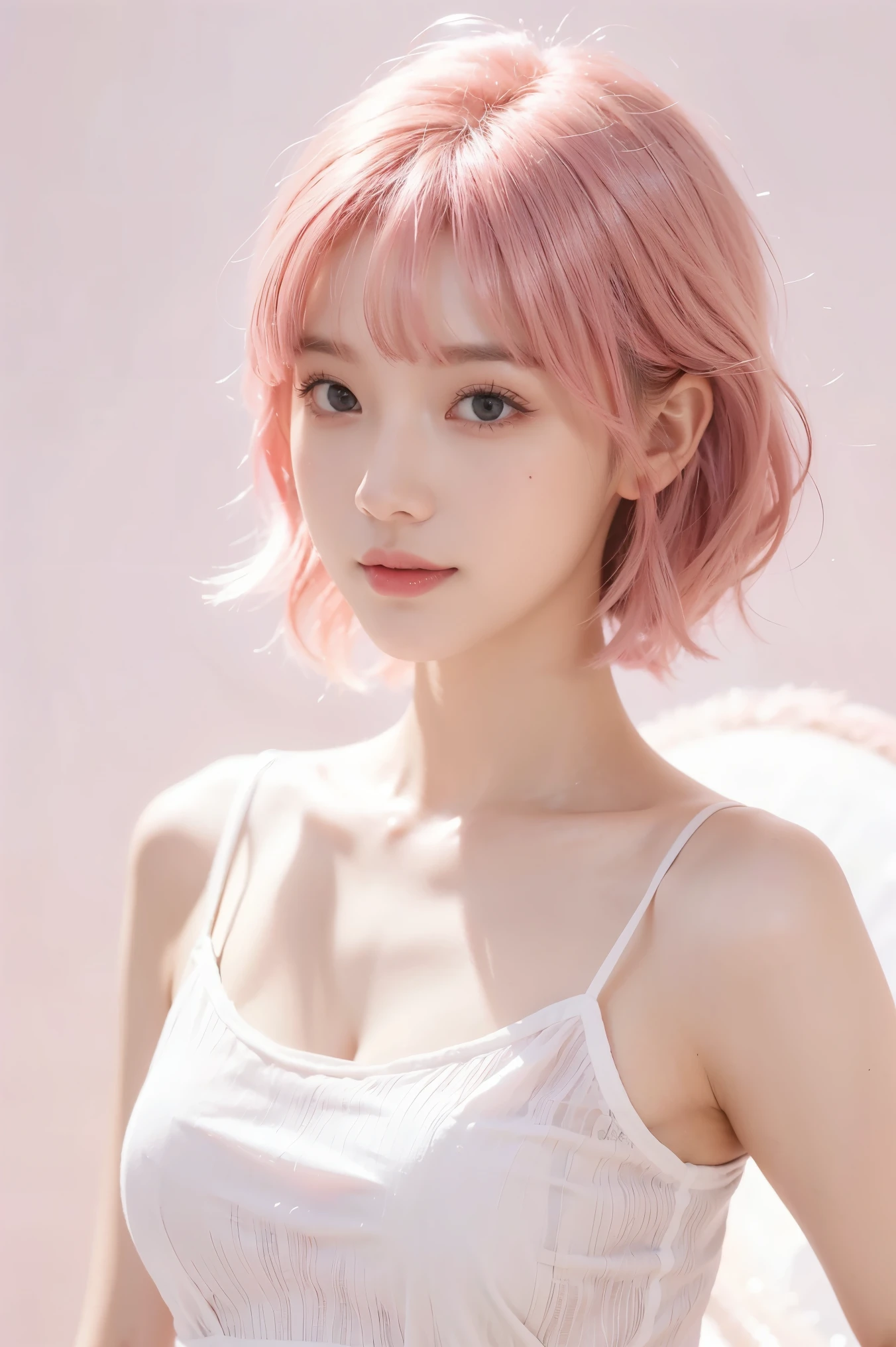 ((masterpiece、best quality))、short hair, ((pink waveing hair color)),((White background)),((camisole)), shape、super detailed、8k、actual、sharp focus、Very detailed、professional lighting、spotlight、Colorful details、Detailed texture,A stunningly beautiful girl,Wearing a transparent cheongsam,(most suitable hairstyle:1.4)、(in the most helpful way:1.3)、(Half-length photo:1.4)、big breasts、、18 years old、Smile、