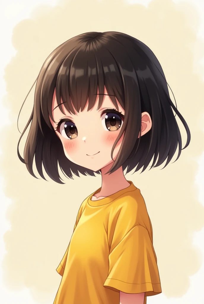 A cute girl anime with cute baby cut hairstyles
black and brown hair colour and black eye colour and yellow shirt 