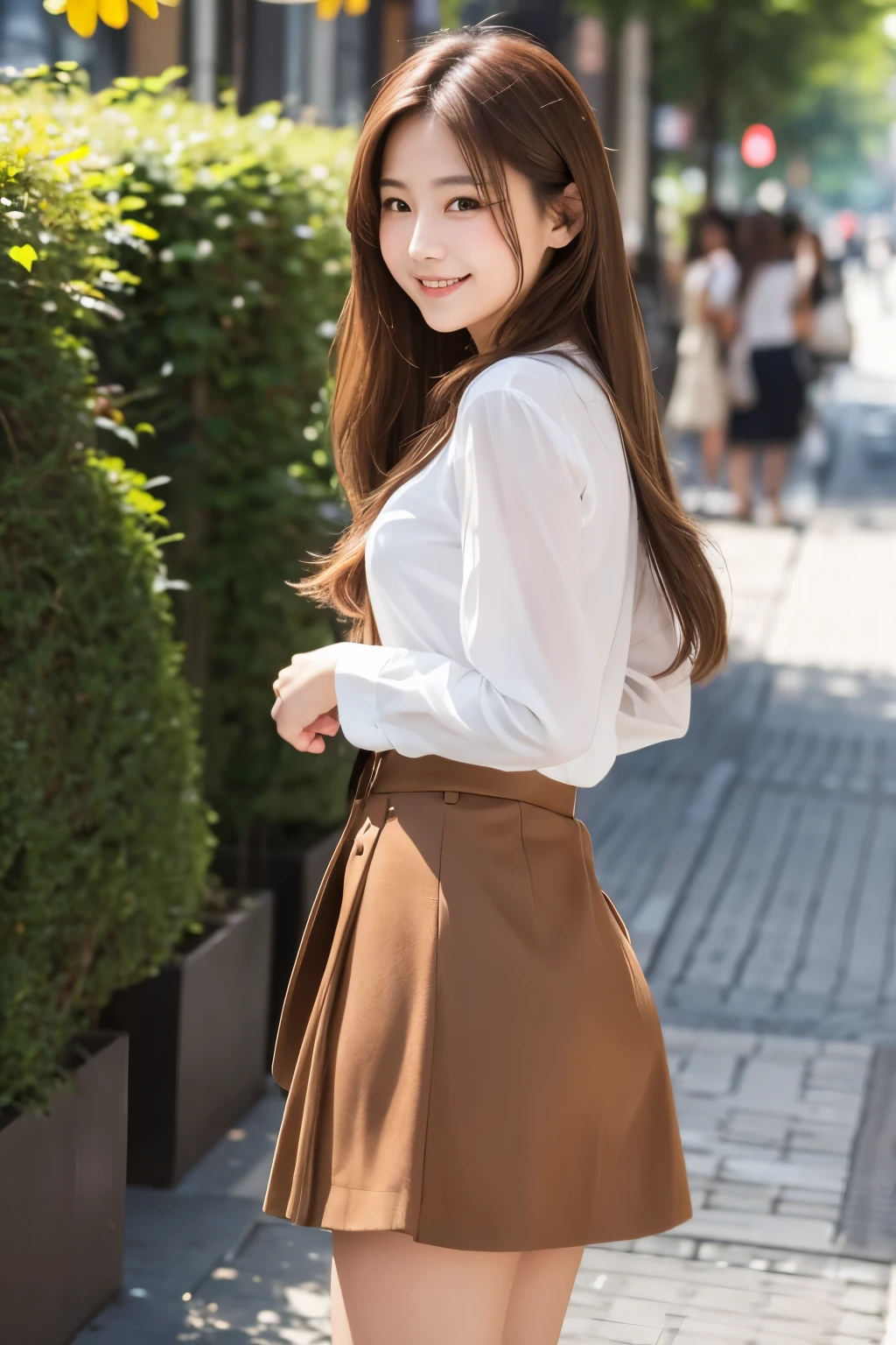Top quality, 1 beautiful woman, long Hair, brown hair, wearing Camisole & skirt, shy-smile, Sunlight, at street