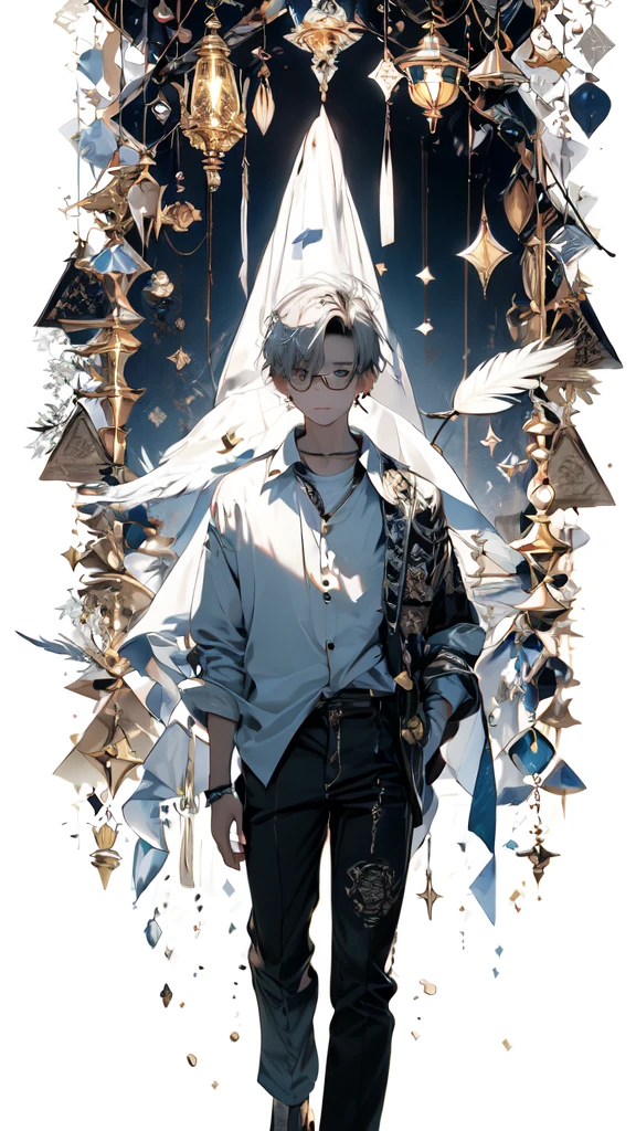 (Masterpiece:1.2), best quality,realistic,mid trip,
1 boy, glove, focus man, feather pen, decorations, earring, สายรัดglasses, white background, White hair, glassesข้างเดียว, Holding, black glove, short hair, hands in pocket, book, shirt, long sleeve, พื้นหลังที่smoothง่าย, look at viewer, tassel, hair between the eyes, Many perspectives, lamp, smooth, collared shirt, paper, earringเดี่ยว, shirtโค้ท, trousers, black shirtโค้ท, リゾート
 