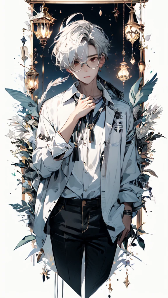 (Masterpiece:1.2), best quality,realistic,mid trip,
1 boy, glove, focus man, feather pen, decorations, earring, สายรัดglasses, white background, White hair, glassesข้างเดียว, Holding, black glove, short hair, hands in pocket, book, shirt, long sleeve, พื้นหลังที่smoothง่าย, look at viewer, tassel, hair between the eyes, Many perspectives, lamp, smooth, collared shirt, paper, earringเดี่ยว, shirtโค้ท, trousers, black shirtโค้ท, リゾート