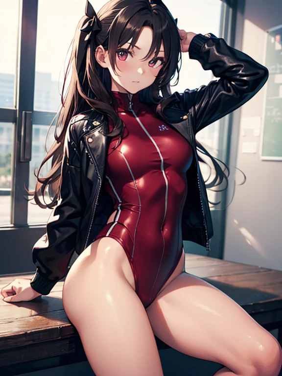 ridersuit, 12 Talents, Black Leather Jacket, School Swimsuit, cute, Beauty, Tohsaka Rin, (masterpiece), highest quality, 1girl, uhd, retina, masterpiece, ccurate, anatomically correct, textured skin, super detail, high details, high quality, best quality, highres, 4K