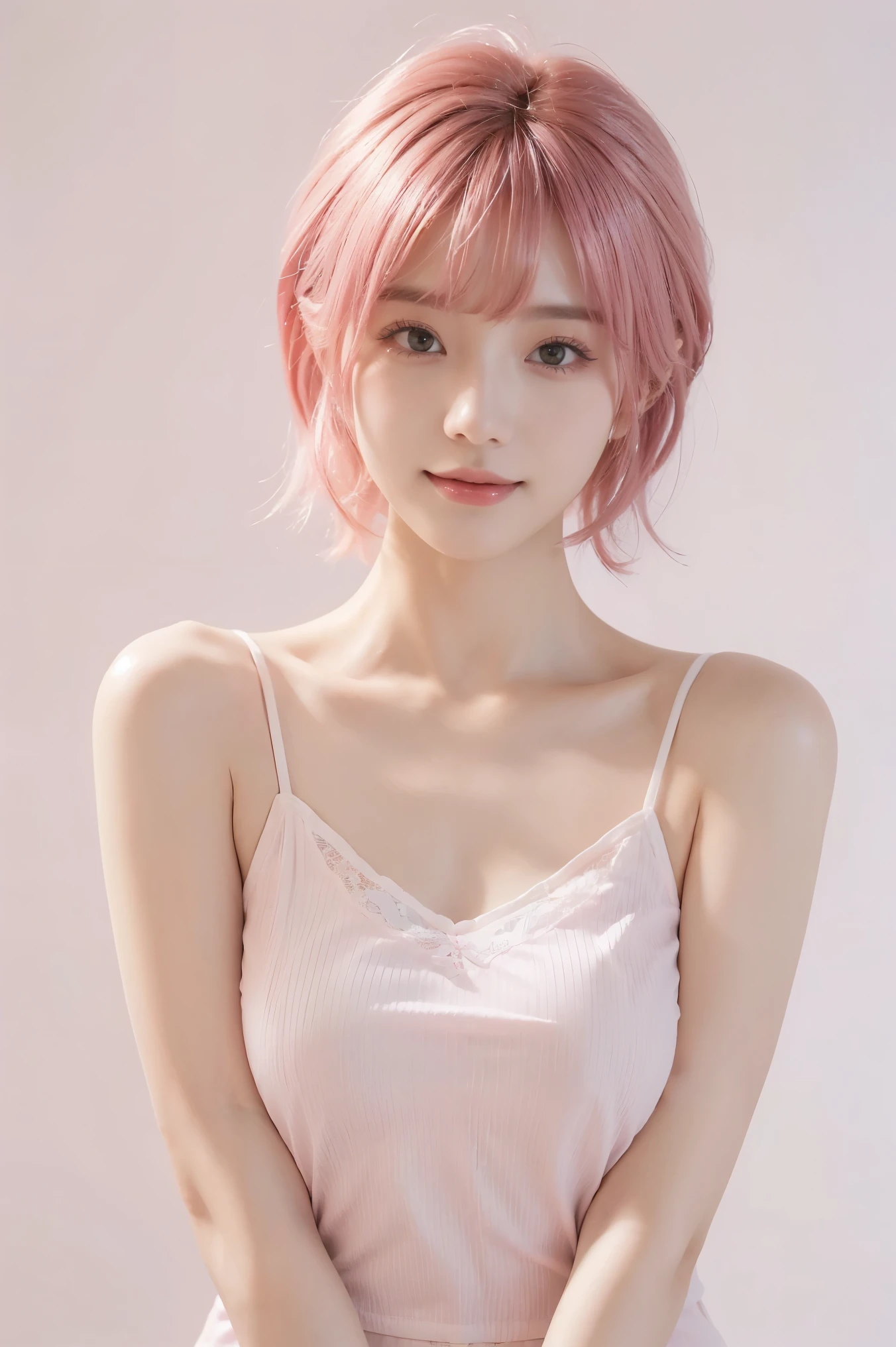 ((masterpiece、best quality))、short hair, ((pink waveing hair color)),((White background)),((camisole)), shape、super detailed、8k、actual、sharp focus、Very detailed、professional lighting、spotlight、Colorful details、Detailed texture,A stunningly beautiful girl,Wearing a transparent cheongsam,(most suitable hairstyle:1.4)、(in the most helpful way:1.3)、(Half-length photo:1.4)、big breasts、、18 years old、Smile、
