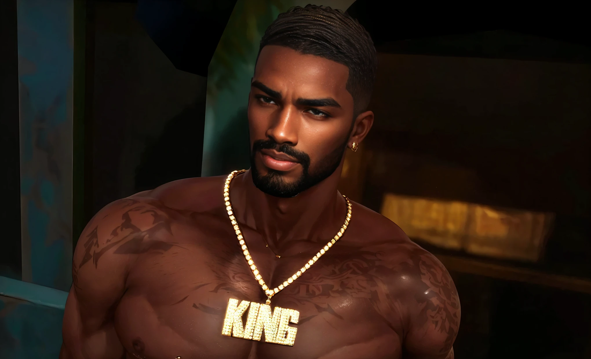 Best Quality, Perfect face, without errors, Perfect eyes, realistic photo, studio lighting, Black handsome man with a gold name necklace "king" tattoos on the body. muscular, with a bushy beard, earring short hair.