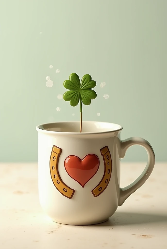 Coffee mug with a heart above a clover and a horseshoe