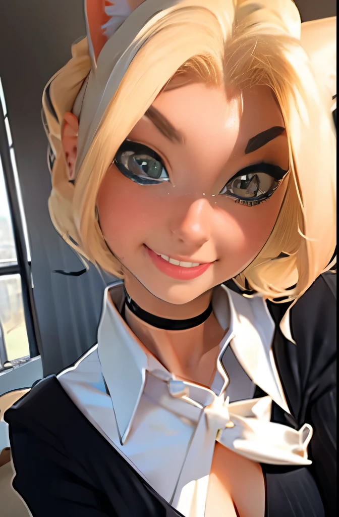 nsfw, masterpiece, (best quality:1.2), (sharp focus:1.2),, 1 girl, slim girl,, (blonde|light_yellow hair), cat ears,, detailed face, young|cute face, blush, evil smile,, natural breasts, thin arms,, white collared shirt with black tie, black choker,, in a modern office, indoor