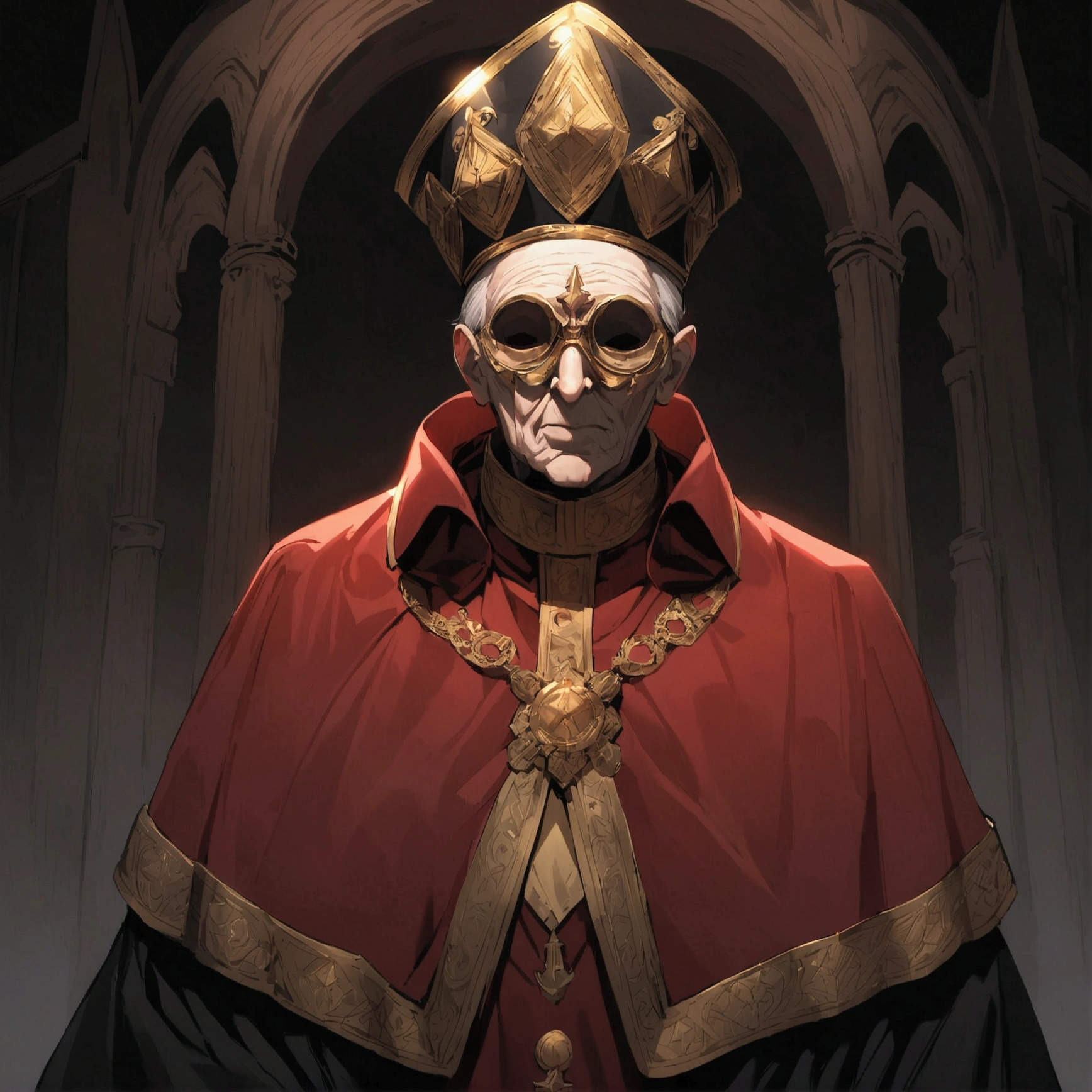 An elderly man, in a completely red tunic with gold details similar to a pope&#39;s robe, he wears a clergyman&#39;s hat, a scary golden mark on his face, the mask only has eyes and black details, the mask covers the entire face, dark background of a scary church