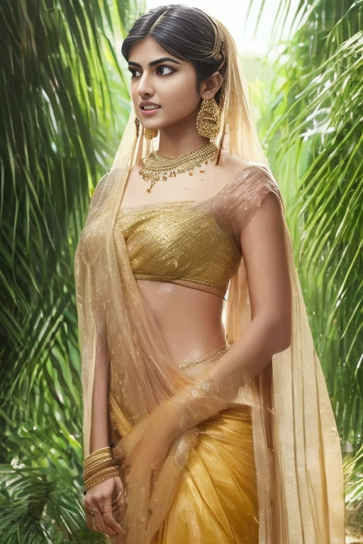 Rhea Chakraborty as a beautiful young maiden, Standing in the rain, breasts big, long hair tied in a bun, wearing a strapless bra and a see-through sarong, wearing heavy makeup, long eye lashes, mascara on the eyes, wearing golden ornaments, Bindi, long earrings, necklase, Arm bands, wristbands, nose ring and waist chain, wetclothes, worried look, Cave at the bottom