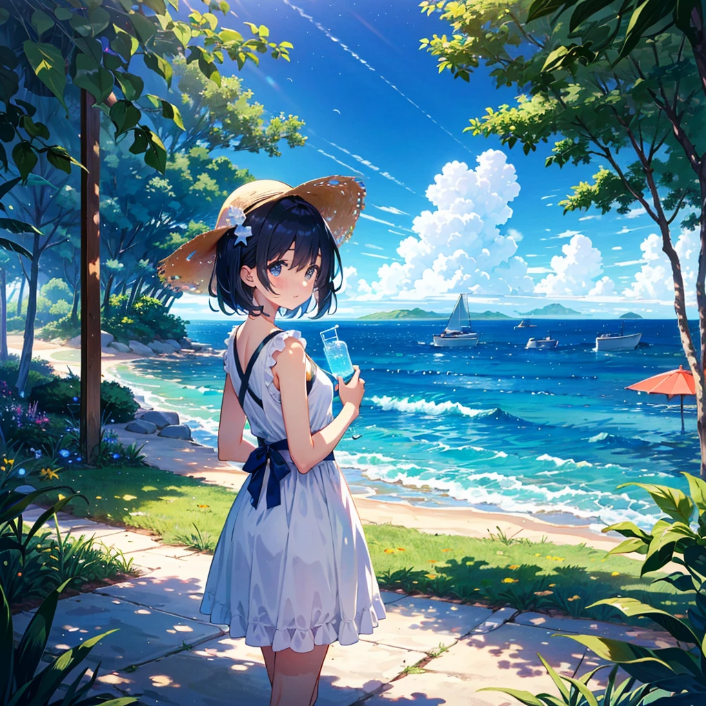 On a sunny beach with blue skies and white clouds、A girl with short black hair is wearing a resort dress。Her dress is light blue、There are frills on the shoulders、There is a ribbon on the waist。The girl is wearing a straw hat、With sunglasses in hand、She has a soft look on her face as she faces the camera.。In the background is a beautiful sandy beach and crystal clear water.。