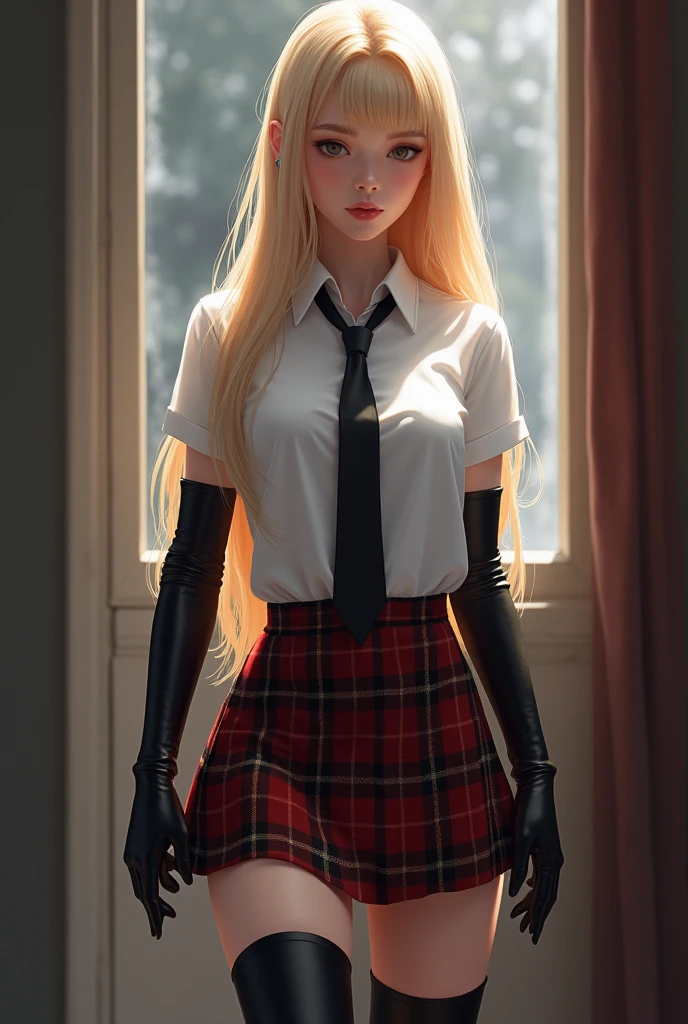 beautifull 18 year old blonde schoolgirl, in her uniform with shirt tie and tartan minikilt tucked in the shirt. She has long latex gloves and long leather heel boots. Shes touching her skirt. Cuerpo entero.