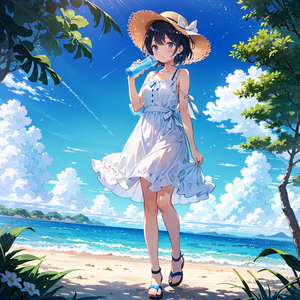 An illustration of a girl cosplaying. The characters are wearing fantasy wizard costumes. The costume is a deep purple robe and a pointy hat. They are holding a magic wand in their hands and posing happily. The night sky, which makes you feel a fantasy world, spreads out in the background, and the stars are shining. The overall image combines fantasy and fun. , Illustration of a young female character. The character has gray hair, and her straight hair extends all the way to her back. The eyes are bright blue and shine big. She has a gentle smile on her face, and the background is in soft pastel clouds. The outfit is a simple white dress, which gives a clean impression. Overall, it has a fantastic and dreamy atmosphere. , Illustration of a girl staying hydrated. This is a scene where the character is holding a refreshing blue sports bottle and drinking a drink. She blushes lightly and has a refreshed expression. The clothes are casual summer clothes, and the blue sky and green trees spread out in the background, creating a refreshing summer atmosphere. The scene gives an overall healthy and energetic impression. , Illustration of a girl staying hydrated. This is a scene where the character is holding a refreshing blue sports bottle and drinking a drink. She blushes lightly and has a refreshed expression. The clothes are casual summer clothes, and the blue sky and green trees spread out in the background, creating a refreshing summer atmosphere. The scene gives an overall healthy and energetic impression. , Please draw a stylish girl in summer attire. She's wearing a light sundress and sandals, and is wearing a wide-brimmed hat. Express the relaxed summer vibe with clear skies and gentle waves on the beach in the background. , Please draw a stylish girl in summer attire. She's wearing a light sundress and sandals, and is wearing a wide-brimmed hat. Express the relaxed summer vibe with clear skies and gentle waves on the beach in the background. , Please draw a stylis