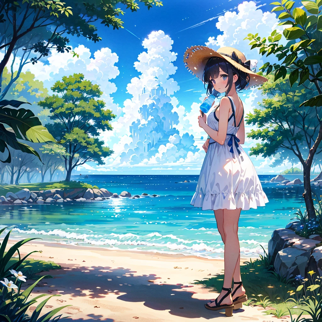 An illustration of a girl cosplaying. The characters are wearing fantasy wizard costumes. The costume is a deep purple robe and a pointy hat. They are holding a magic wand in their hands and posing happily. The night sky, which makes you feel a fantasy world, spreads out in the background, and the stars are shining. The overall image combines fantasy and fun. , Illustration of a young female character. The character has gray hair, and her straight hair extends all the way to her back. The eyes are bright blue and shine big. She has a gentle smile on her face, and the background is in soft pastel clouds. The outfit is a simple white dress, which gives a clean impression. Overall, it has a fantastic and dreamy atmosphere. , Illustration of a girl staying hydrated. This is a scene where the character is holding a refreshing blue sports bottle and drinking a drink. She blushes lightly and has a refreshed expression. The clothes are casual summer clothes, and the blue sky and green trees spread out in the background, creating a refreshing summer atmosphere. The scene gives an overall healthy and energetic impression. , Illustration of a girl staying hydrated. This is a scene where the character is holding a refreshing blue sports bottle and drinking a drink. She blushes lightly and has a refreshed expression. The clothes are casual summer clothes, and the blue sky and green trees spread out in the background, creating a refreshing summer atmosphere. The scene gives an overall healthy and energetic impression. , Please draw a stylish girl in summer attire. She's wearing a light sundress and sandals, and is wearing a wide-brimmed hat. Express the relaxed summer vibe with clear skies and gentle waves on the beach in the background. , Please draw a stylish girl in summer attire. She's wearing a light sundress and sandals, and is wearing a wide-brimmed hat. Express the relaxed summer vibe with clear skies and gentle waves on the beach in the background. , Please draw a stylis