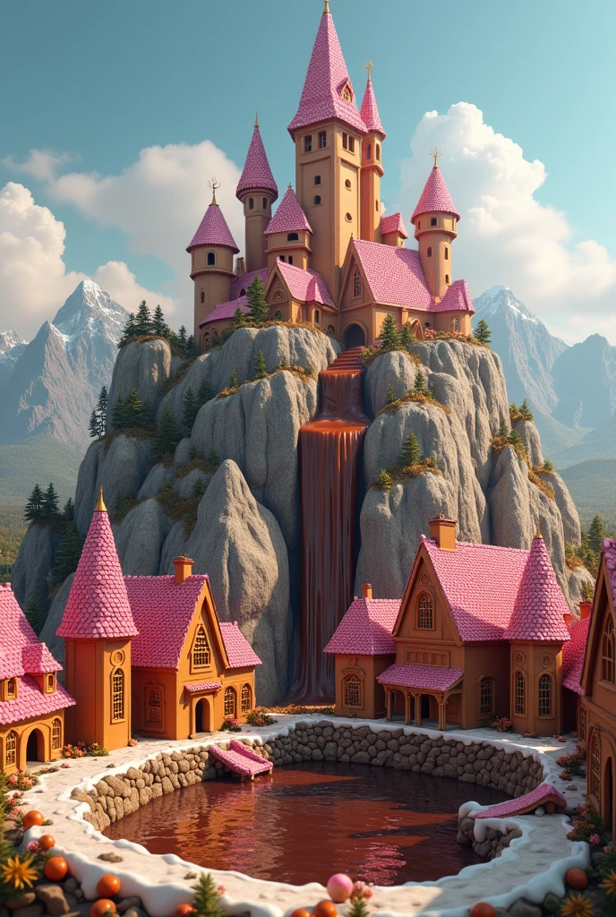 Fait une ville médiévale en pain d'epice au pied d'une montagne , sur la montagne , il y à un château décoré de donuts roses , avec une cascade de chocolat qui alimente un lac en chocolat .