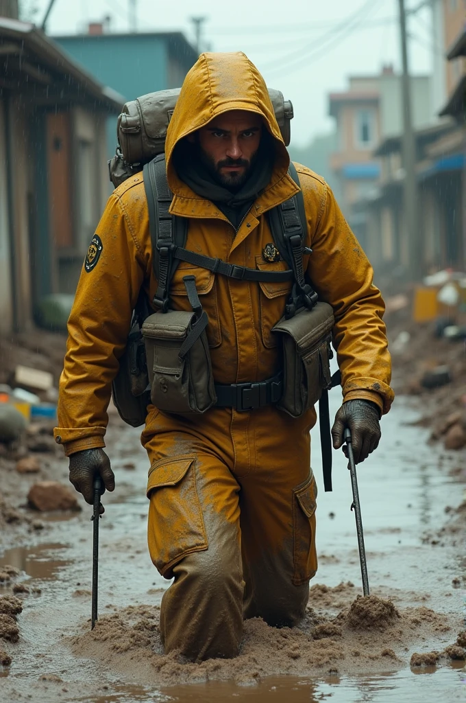 Civil defense worker waist-deep in mud