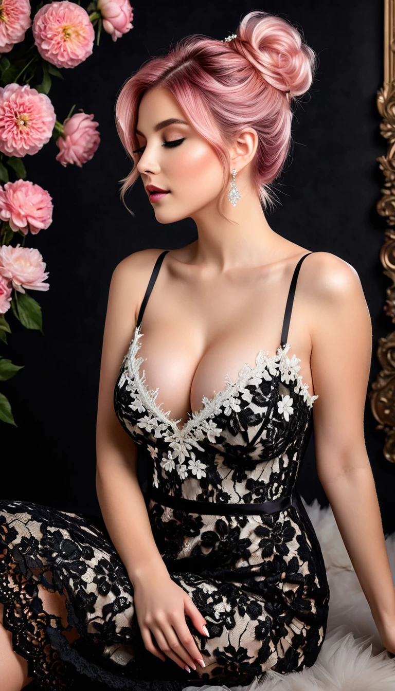 A delicate beauty, sensual, woman, Full body view, Breasts of cup size C, with short pink hair, which are styled into a loose bun and decorated with flowers, wears a black and white lace dress with elaborate details. The lighting highlights her ethereal beauty and the elaborate lace of her dress. The woman pose is elegant, with one hand, who gently touches her face, and a soft, Dreamy expression. The overall picture has a magical, enchanting atmosphere with bright colours and fine details. (Distant Full body view:1.8), (View from the side:1.5), hyper-realistic photo, bright colours, 16K