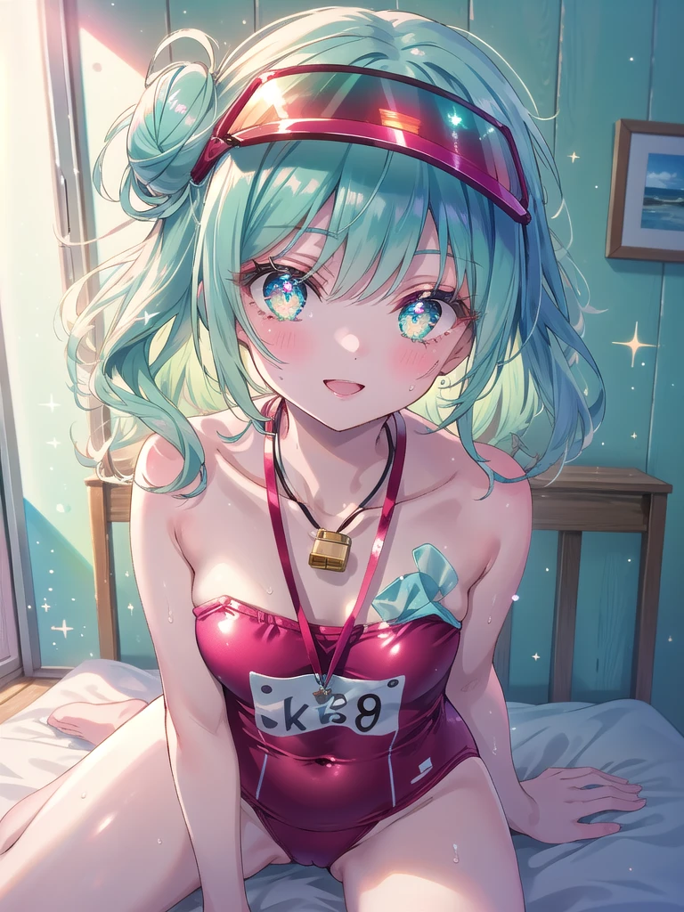 ((8k, Highest quality, masterpiece: 1.3)),Ultra-high resolution,(1 girl, alone), (Color changing eyes, Ultra-detailed, Expressive brilliance, Glitter, Glowing Eyes), Highly detailed eyes, Highly detailed face, Random Hair, ((pastel colour)),A cheerful young woman with pastel mint-green hair styled into a messy bun, sitting on her bed in her brightly lit bedroom during a sunny morning. She is dressed in a cute yet subtly sexy lifeguard cosplay, wearing a red one-piece swimsuit with a small whistle around her neck and a visor on her head. The camera captures her from a slightly elevated angle as she smiles brightly, pretending to blow the whistle, her expression full of playful energy. The room is bathed in warm sunlight, with beach-themed decorations like a surfboard against the wall, a beach towel draped over the bed, and a vibrant, summery atmosphere.