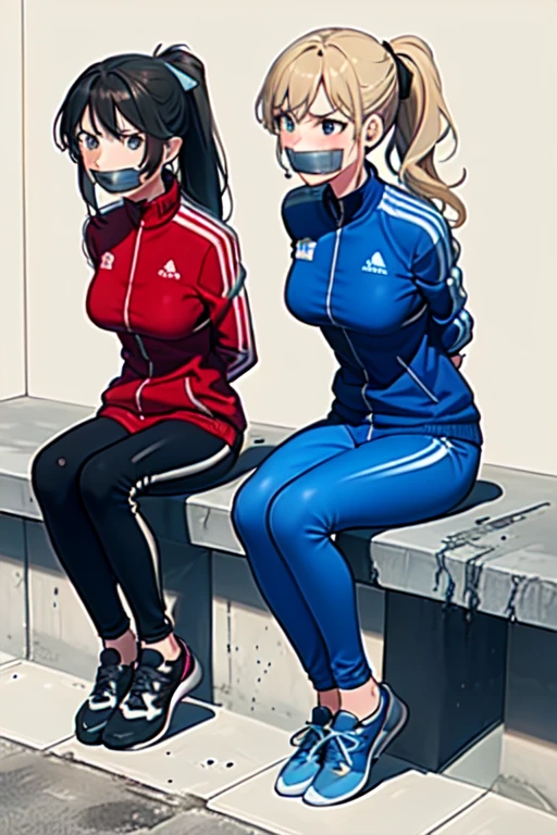 ((2 girls)), ((twin tails)), ((ponytail)), (sexy),  ((simple_background)), ((concrete floor, concrete wall)), ((underground room)), ((arms behind back)), ((scowl)), ((sitting on the knees)), ((tape gag)),  ((helpless)), ((calm)), ((struggling)), (blue tracksuit,tracksuit,tights pants, long black pants)