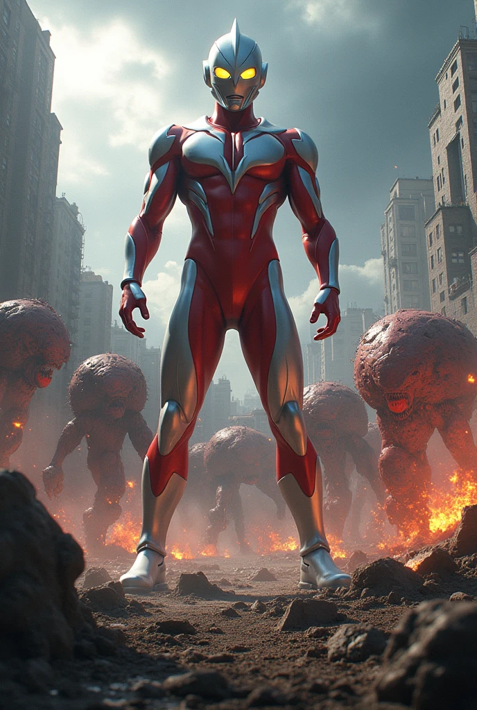 create a picture of one Ultraman fighting against a thousand enemies