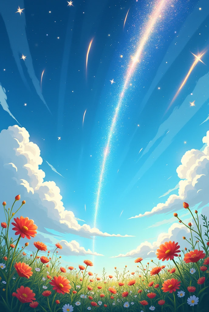 "A brilliant midday sky illuminated by a radiant sun, where countless shooting stars streak across the sky in broad daylight. The stars leave behind trails of shimmering light that dance across the sky, creating an enchanting contrast against the bright blue. Below, a peaceful meadow filled with vibrant wildflowers sways gently in the breeze, each flower touched by the soft glow of the descending stars. The scene is a surreal blend of day and night, capturing the magic of an unexpected celestial phenomenon in broad daylight."