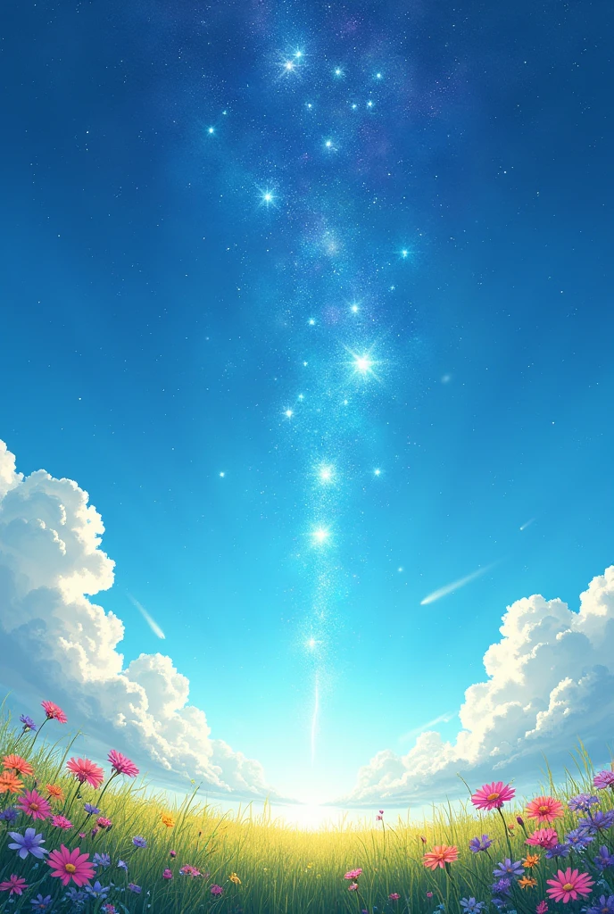 "A brilliant midday sky illuminated by a radiant sun, where countless shooting stars streak across the sky in broad daylight. The stars leave behind trails of shimmering light that dance across the sky, creating an enchanting contrast against the bright blue. Below, a peaceful meadow filled with vibrant wildflowers sways gently in the breeze, each flower touched by the soft glow of the descending stars. The scene is a surreal blend of day and night, capturing the magic of an unexpected celestial phenomenon in broad daylight."