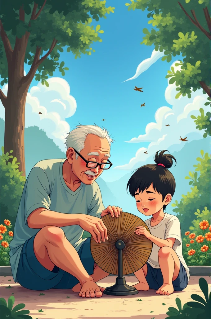 A canvas illustration, anime style, an old man with glasses with his grandkid repairing an old fan, HD, HIGH CONTRAST, SITTING OUTSIDE THE HOUSE, JINXUAN SUMMER TIME. THE GRANDPA IS WEARING HALF PANT. NEARBY THERE ARE TREES WUTH LEAVING BLOWING. THE SKY IS COVERED WITH BLUE WHITE CLOUDS. BIRDS ARE CHIRPING. FLOWER PLANTS NEARBY. THE GRANDKID IS SWEATING