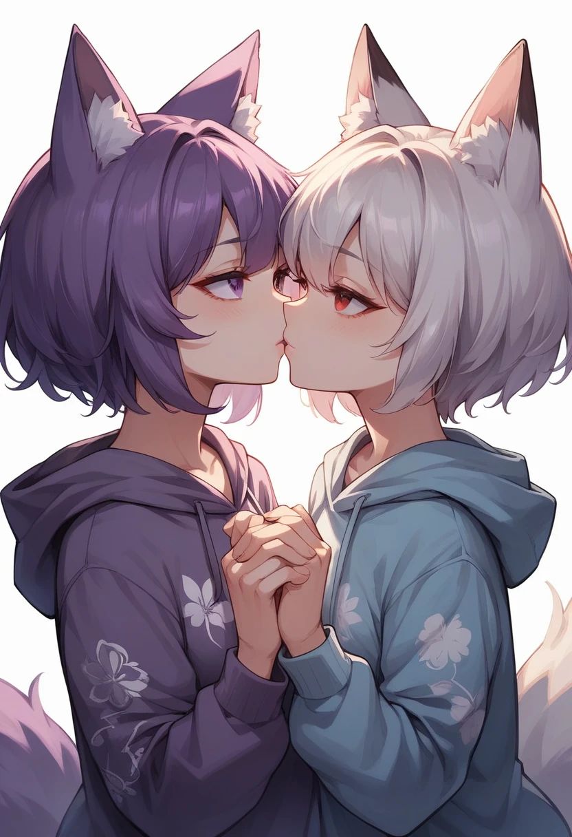 Create an enchanting anime-style illustration featuring two people sharing a tender kiss. The first is a human girl with long Purple hair and Purple Eyes, She wearing a purple hoodie, The second is a girl is shorter, with short white hair, large red eyes and fluffy white fox ears, She got a White and blue with floral pattern