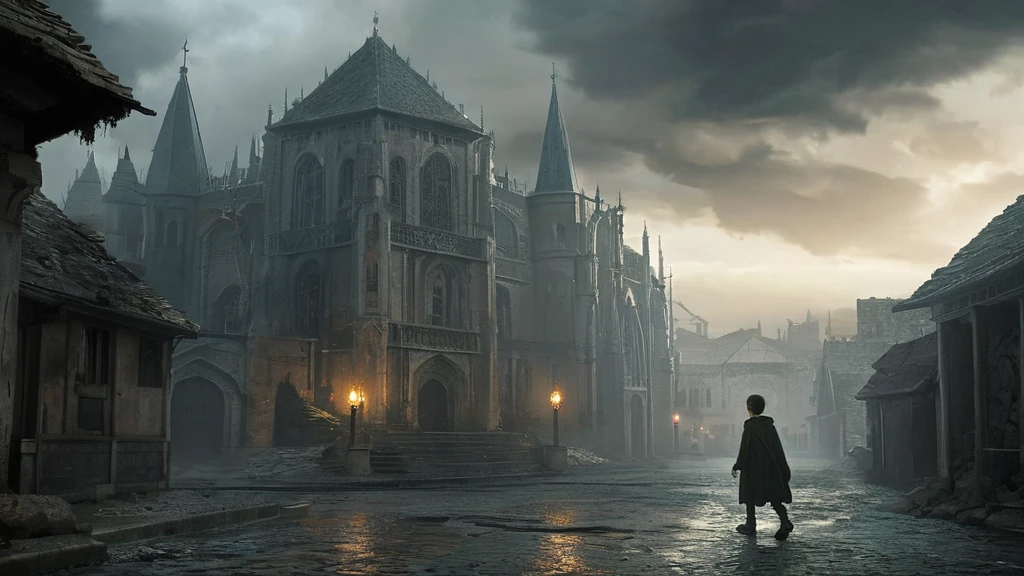 Create an atmospheric scene of a young boy sprinting through the deserted streets of a dark medieval city. The cityscape is filled with towering, dilapidated stone buildings, narrow alleys, and ominous shadows. The sky is overcast with thick, heavy clouds, casting a muted, eerie light over the scene. The boy, dressed in ragged, dark clothing, appears both determined and fearful, his face illuminated by the faint, flickering light from distant torches. The ground is cobblestoned, with debris and remnants of what appears to have been a once-thriving city. Include gothic architecture, broken windows, and signs of recent chaos to enhance the feeling of abandonment and danger. The overall mood is tense and haunting, emphasizing the sense of isolation and urgency.