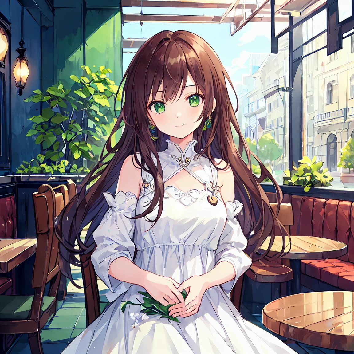 One Girl,Jewel Eyes,Beautiful arrangements and motifs、Few、Game character design、Written boundary depth , wonderful, beauty、Transparency、Game character design、(One Girl:1.0)、Brown Hair、Shortcuts、Straight hair、cute、Upper Body、Green Eyes、Inside the cafe、Cafe Background、Sit on a chair,(White dress:1.5)、front、smile、cool