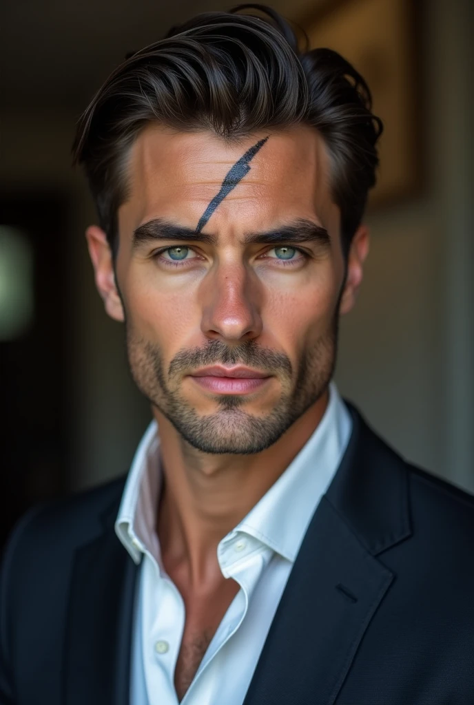 (photorealism:1.2), Boy 30 years old (- **face**: Attractive with defined features, typical of a European-type appearance, with a strong jaw and a marked facial structure.
- **eyes**: Deep blue or green in color, with a penetrating gaze.
- **hair**: short and dark, with a polished and well-groomed style.
- **Complexion**: Muscular and well toned, reflecting an athletic physique.
- **style**: Their clothing is usually sophisticated and elegant., often in well-fitting suits that underline their status and style. Diagonal scar on the eyebrow)
