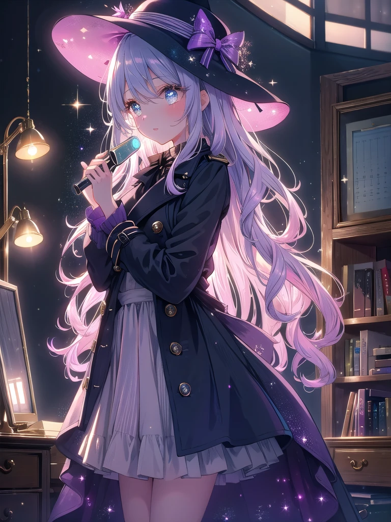 ((8k, Highest quality, masterpiece: 1.3)),Ultra-high resolution,(1 girl, alone), (Color changing eyes, Ultra-detailed, Expressive brilliance, Glitter, Glowing Eyes), Highly detailed eyes, Highly detailed face, Random Hair, ((pastel colour)),A lively young woman with pastel lavender hair styled into loose curls, standing near her desk in her softly lit bedroom during a quiet afternoon. She is dressed in a modest yet subtly sexy detective cosplay, wearing a tailored trench coat, a wide-brimmed hat, and a magnifying glass in hand. The camera captures her from a side angle as she strikes a playful pose with the magnifying glass held up to her eye, her expression full of curiosity and fun. The room is warmly lit by a desk lamp, with a few detective novels on the desk, a small bulletin board with pinned clues, and a mysterious, investigative atmosphere.