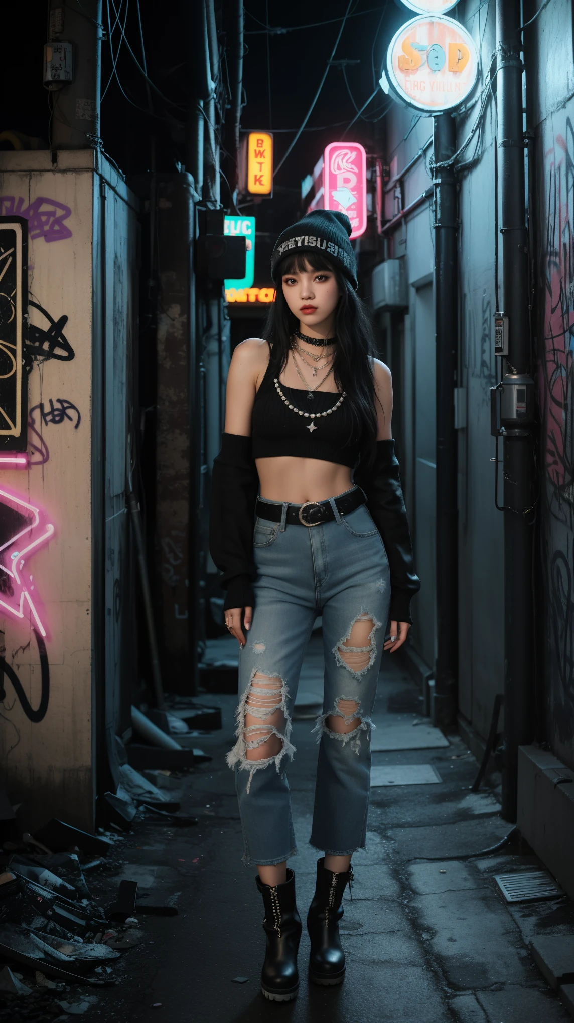 A girl posing in a grungy, neon-lit urban alleyway. Black hair with bangs, The girls wear edgy streetwear, wide leg jeans, fur boots, beanie blaster, and sleeveless crop top vintage, pearls and stars necklace, eyelet belt, half finger gloves, fhdhsh, long sleeves crochet sweater, The alleyway is dark and atmospheric, with graffiti-covered walls and glowing neon signs, grungy aesthetic, high angle
