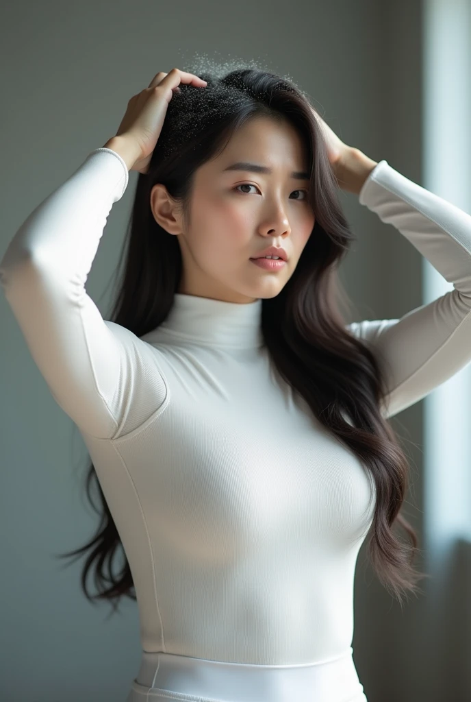 paparazzi shot of SCANTILY CLAD JENNIE KIM LYING ON FLOOR, RAW portrait photo of beautiful young sks woman, Turtleneck bodysuit and high-waisted trousers, natural lighting, by Peter Lindbergh, detailed face, UHD, absurdres, epic scene composition, 
cinematic look, Fujifilm XT3, dslr, high quality, film grain