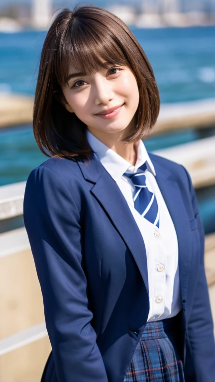 Highest quality, masterpiece, Realistic, RAW Photos, High resolution, Intricate details,Very detailed, Japanese Beauty, Attractive eyes, Straight hair, Bright smile, Asymmetrical bangs, Light brown hair, Bob Hair,  (Navy blue double blazer), (White collared shirt with navy blue tie), (Navy blue tight skirt), Black pumps, Raise your right hand high in salute, firm and youthful breasts, background, harbor, blue sea, cinematic lighting, 8k, full body